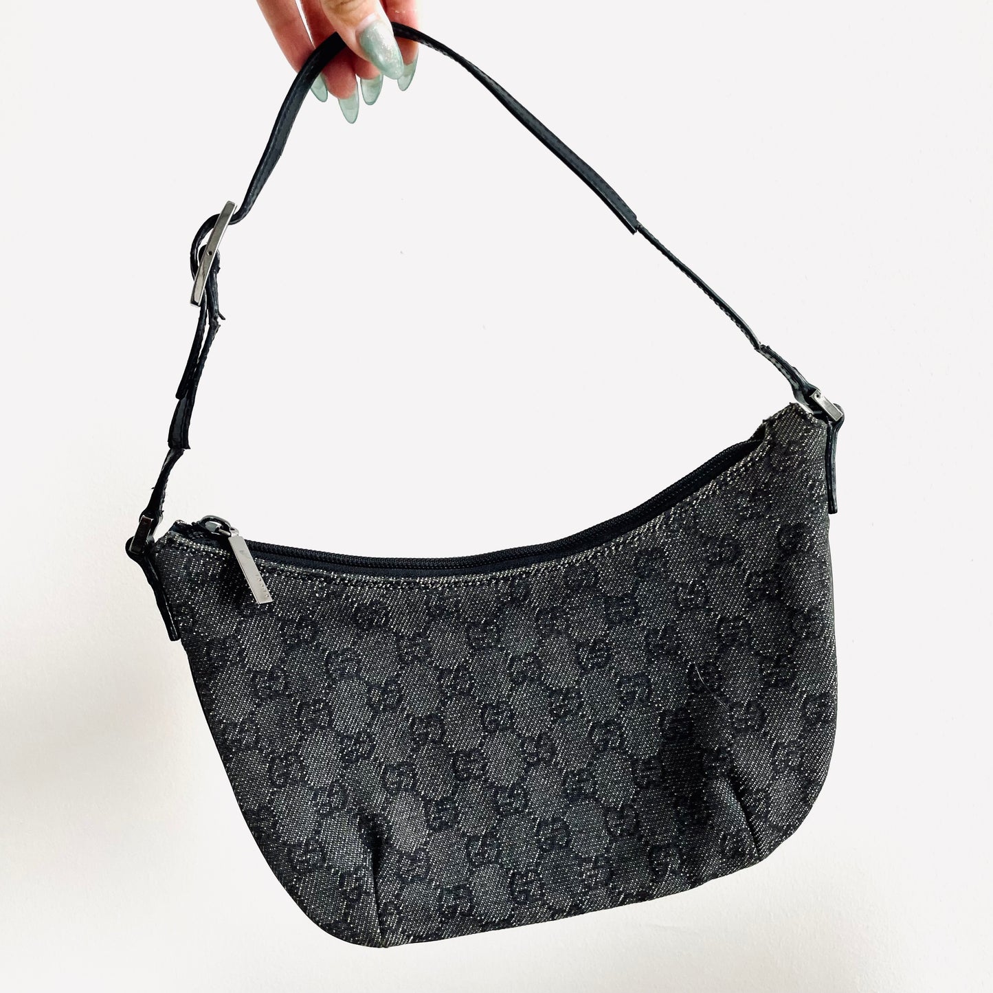 Gucci Black GG Monogram Logo Small Hobo Pochette Baguette Shoulder Bag