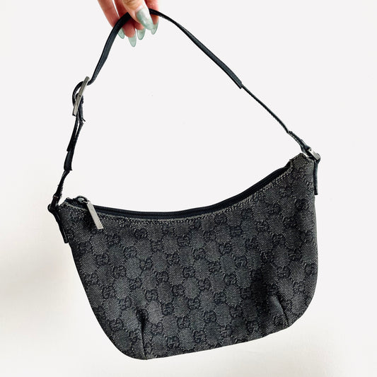 Gucci Black GG Monogram Logo Small Hobo Pochette Baguette Shoulder Bag