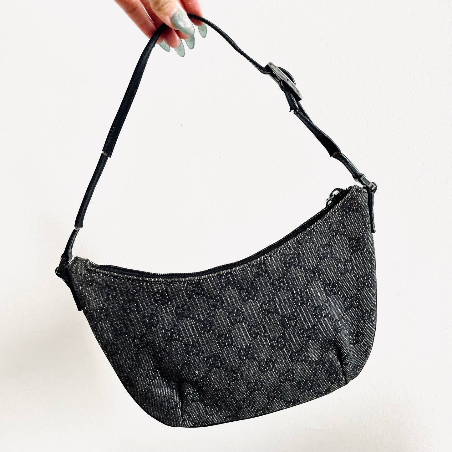 Gucci Black GG Monogram Logo Small Hobo Pochette Baguette Shoulder Bag