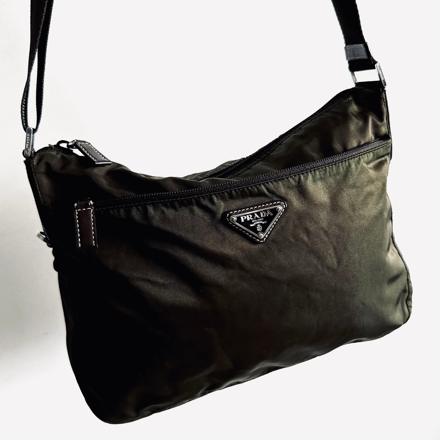 Prada Dark Khaki Classic Nylon & Leather Tessuto Monogram Logo Camera Shoulder Sling Bag