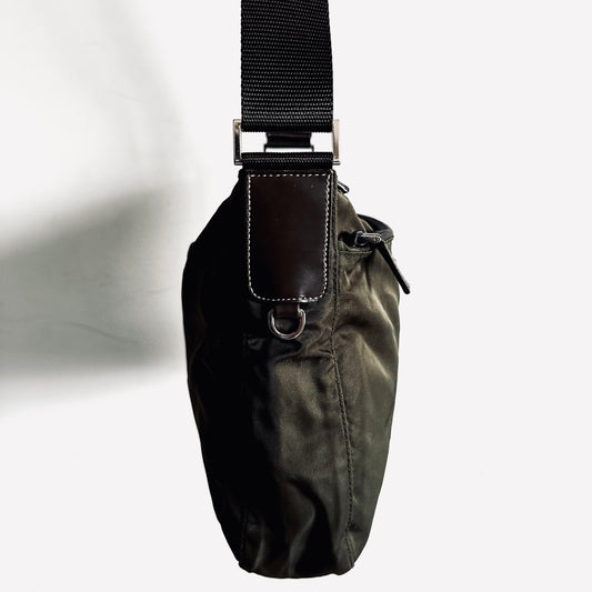 Prada Dark Khaki Classic Nylon & Leather Tessuto Monogram Logo Camera Shoulder Sling Bag