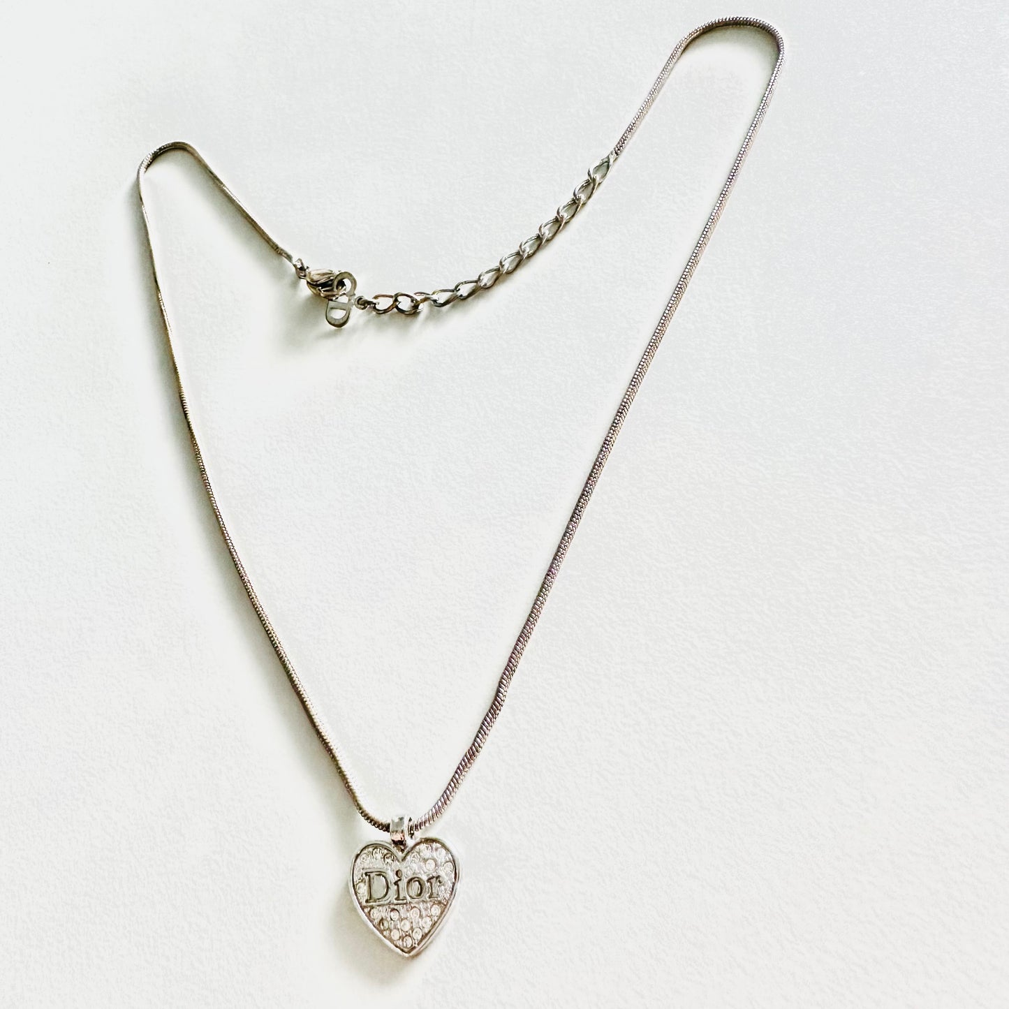 Christian Dior CD Monogram Logo Signature Silver Heart & Crystals Pendant Classic Adjustable Vintage Necklace