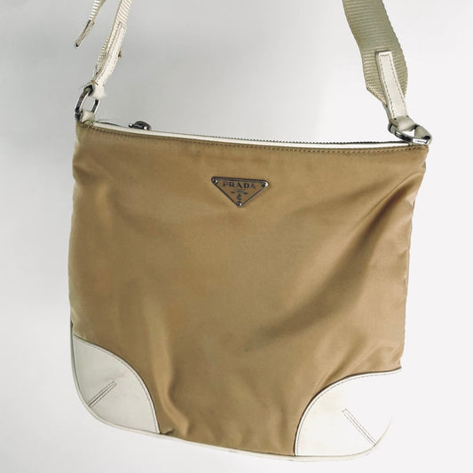 Prada Beige / White Tessuto & Leather Monogram Logo Classic Hobo Baguette Shoulder Sling Bag