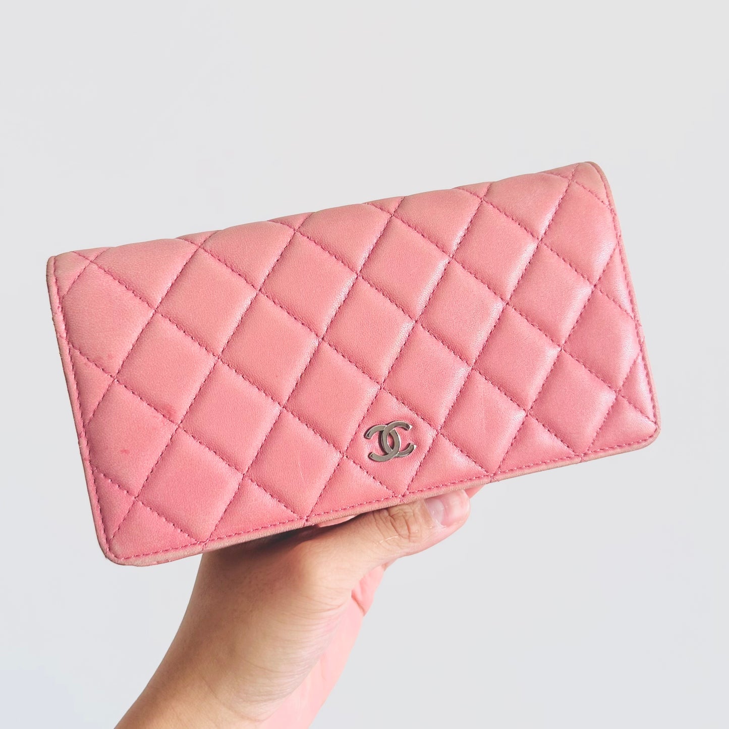 Chanel Pink CC Logo Quilted Lambskin Flap Bifold Long Wallet 12s