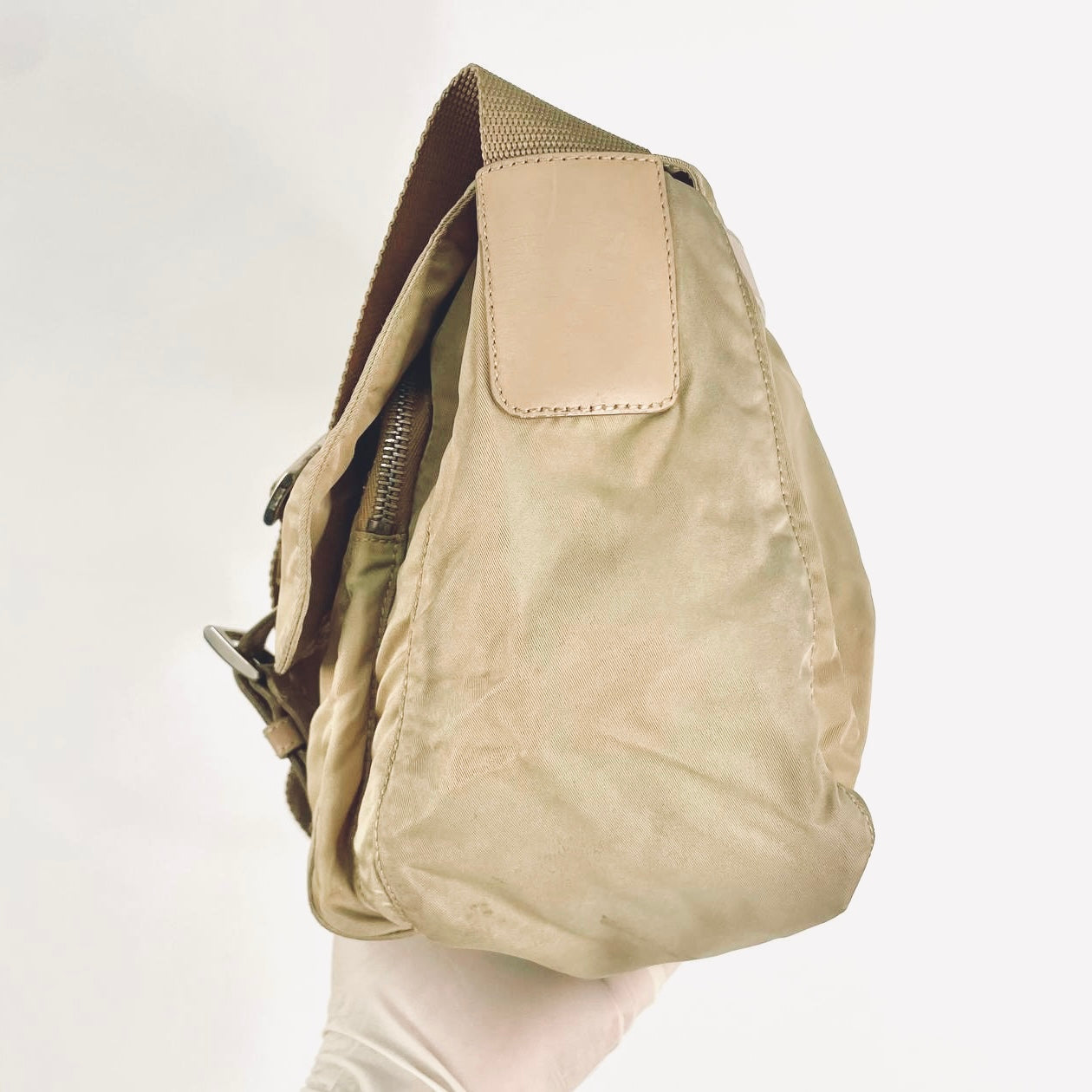 Prada Beige Khaki Tessuto Classic Monogram Logo Nylon & Leather Flap Shoulder Sling Bag