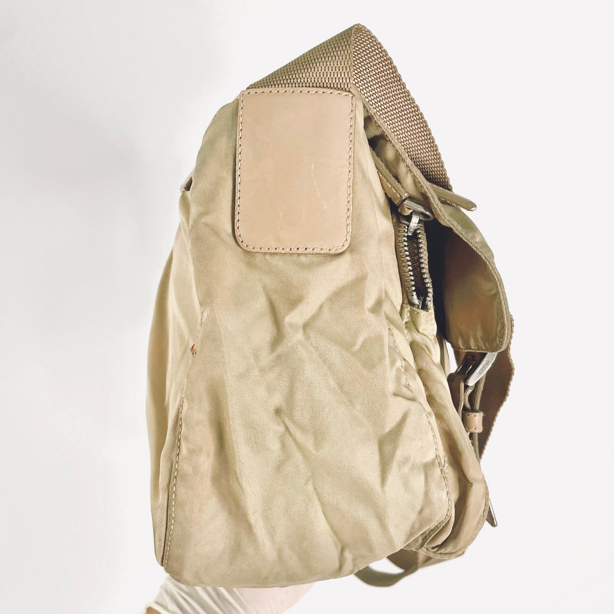 Prada Beige Khaki Tessuto Classic Monogram Logo Nylon & Leather Flap Shoulder Sling Bag