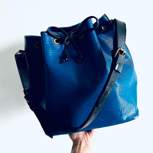 Louis Vuitton LV Blue / Black GHW Epi Leather Petit Noe Bucket Monogram Logo Shoulder Sling Tote Bag