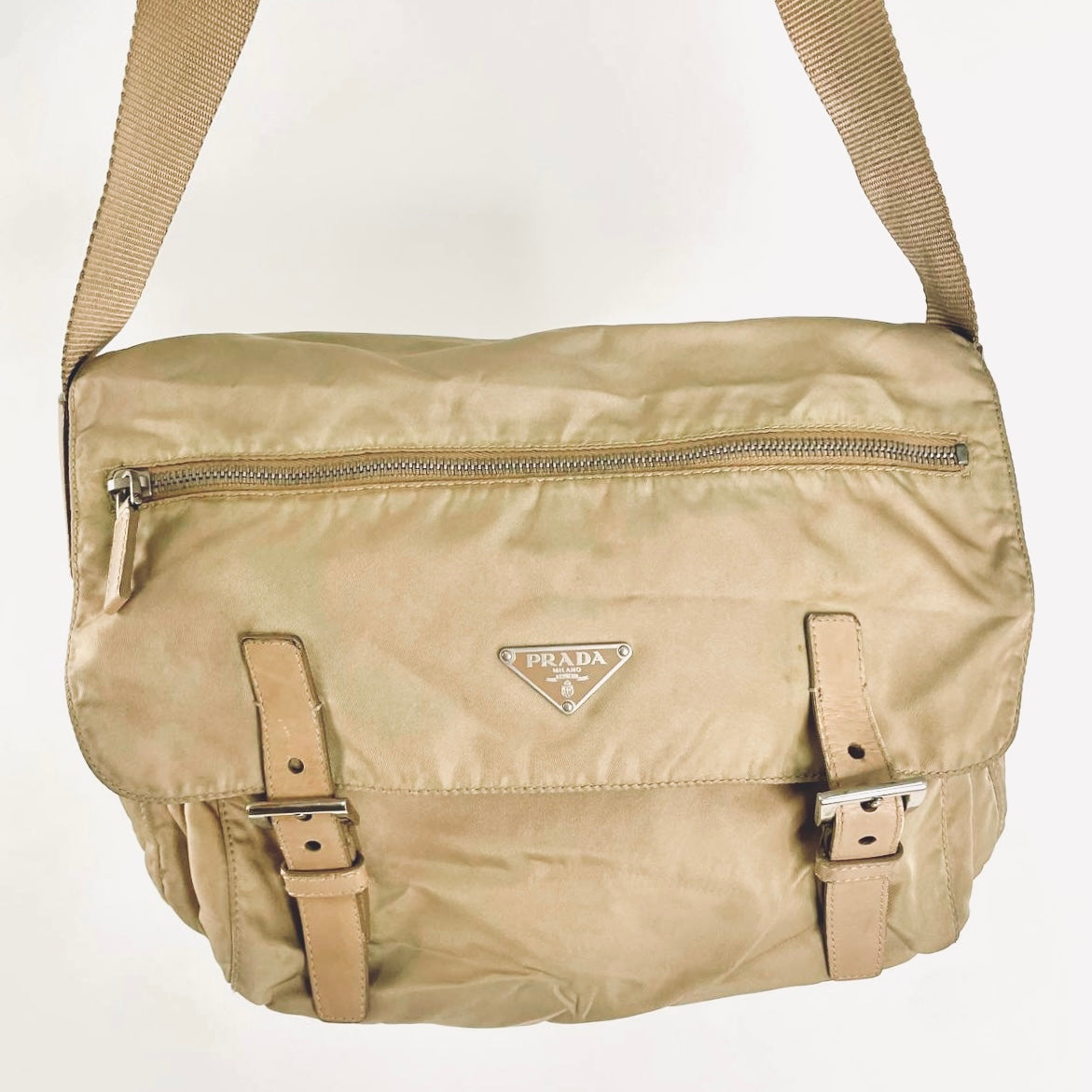 Prada Beige Khaki Tessuto Classic Monogram Logo Nylon & Leather Flap Shoulder Sling Bag