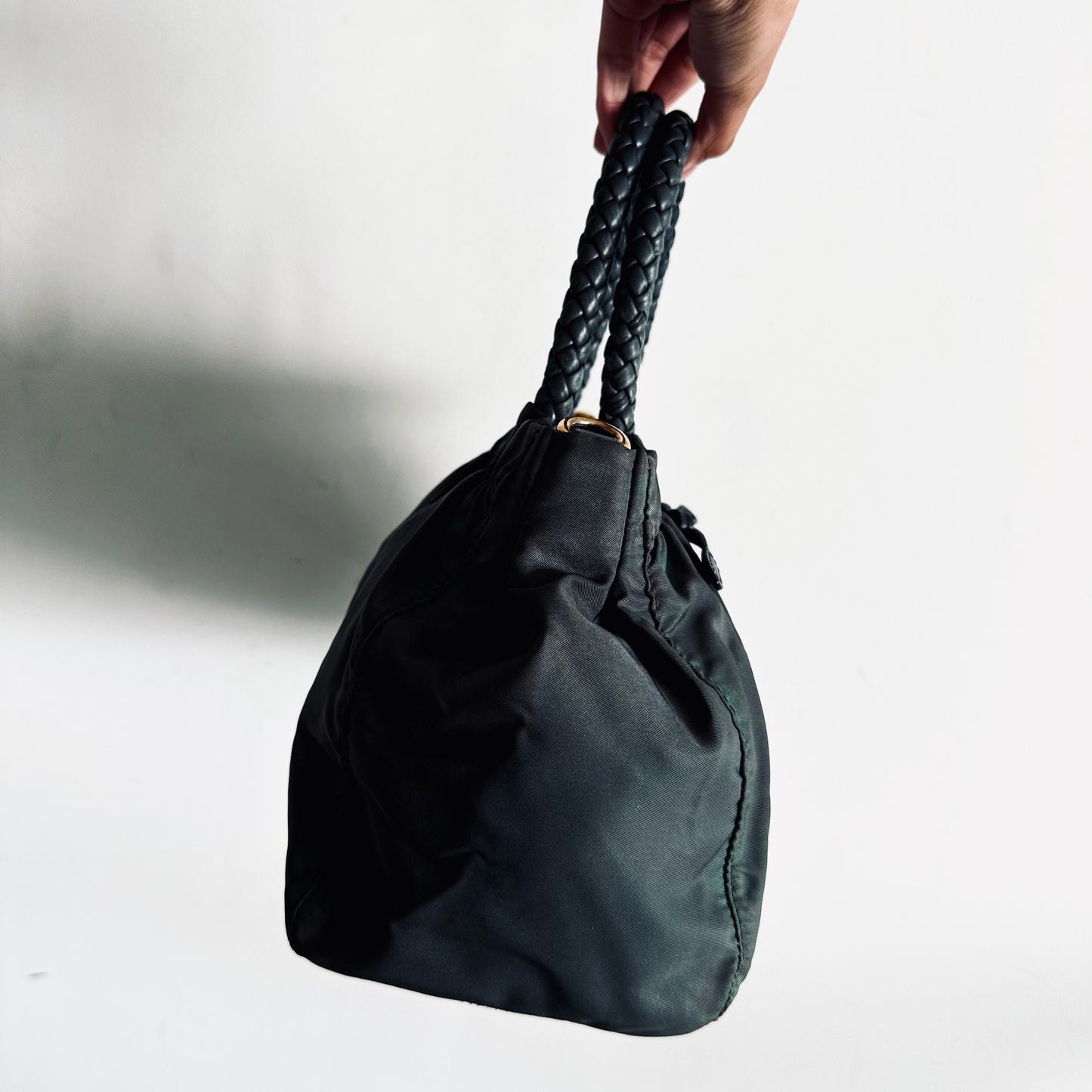 Prada Dark Green GHW Bow Ruched Tessuto Classic Logo Nylon & Leather 2-Way Shoulder Sling Shopper Tote Bag