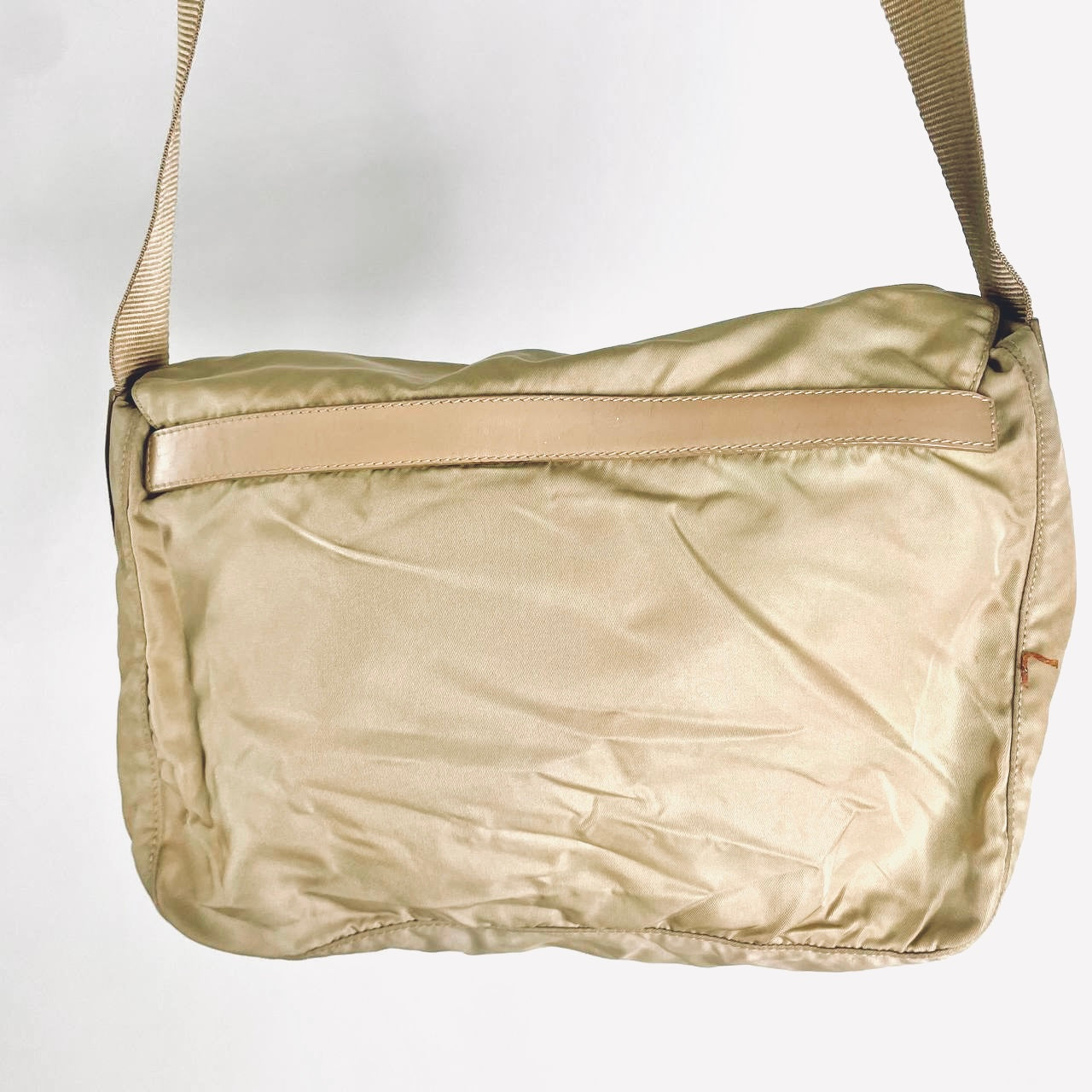 Prada Beige Khaki Tessuto Classic Monogram Logo Nylon & Leather Flap Shoulder Sling Bag