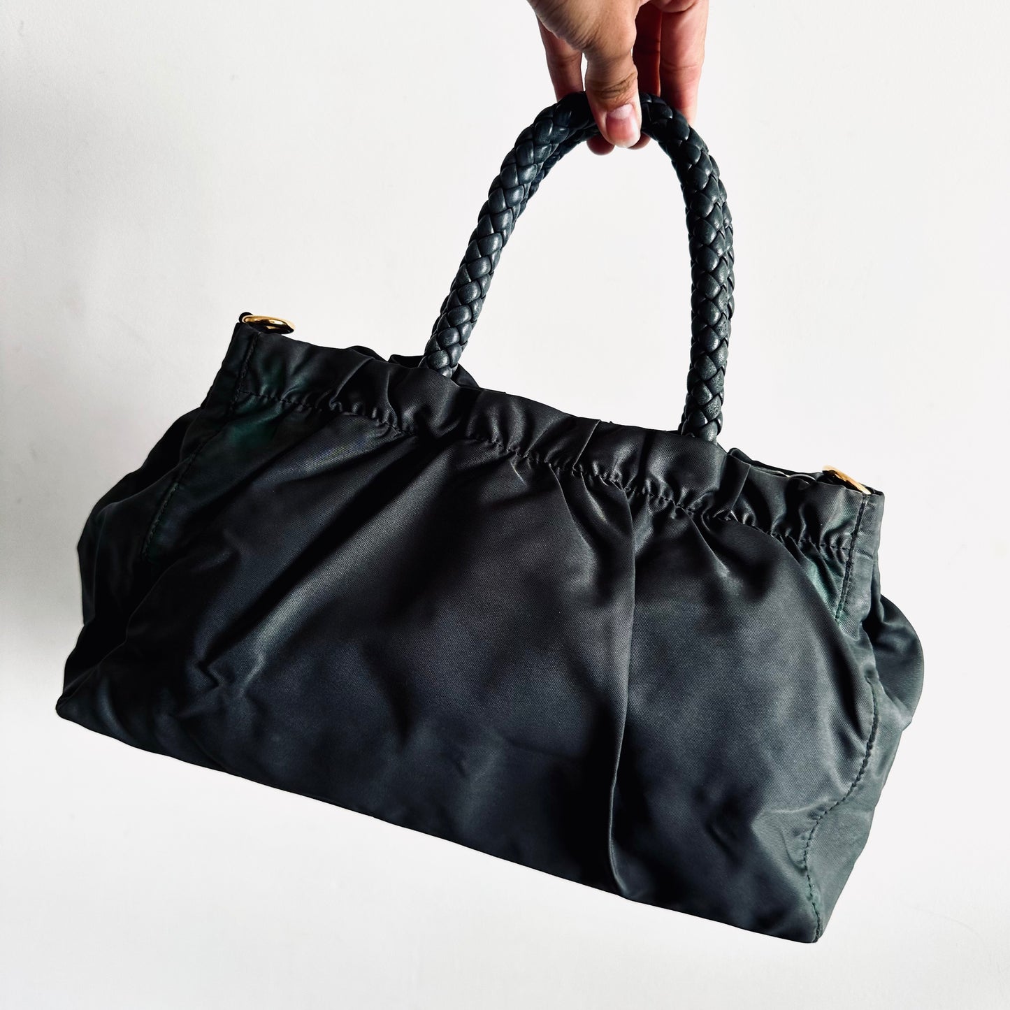 Prada Dark Green GHW Bow Ruched Tessuto Classic Logo Nylon & Leather 2-Way Shoulder Sling Shopper Tote Bag
