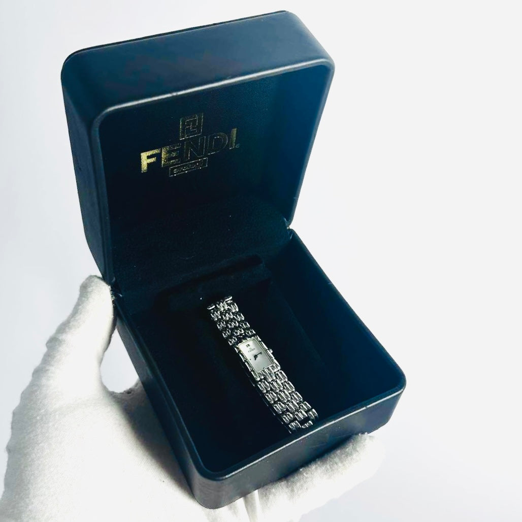 Fendi FF Monogram Logo White Dial 660L Rectangular Stainless Steel 15MM Quartz Watch