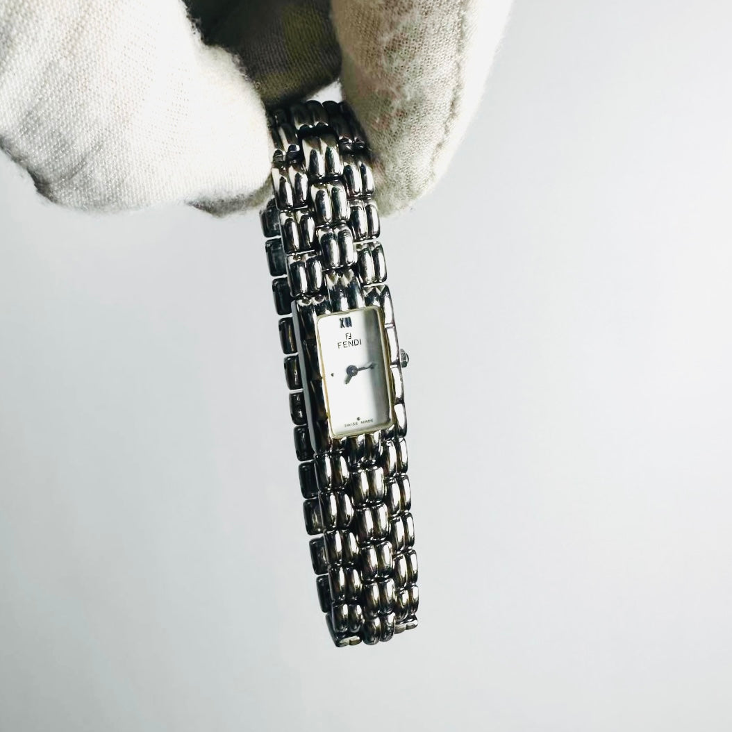 Fendi FF Monogram Logo White Dial 660L Rectangular Stainless Steel 15MM Quartz Watch