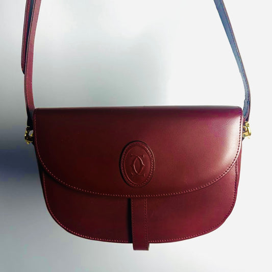 Cartier Must / Mast de Cartier Burgundy Red Maroon GHW Smooth Leather Flap Shoulder Sling Bag