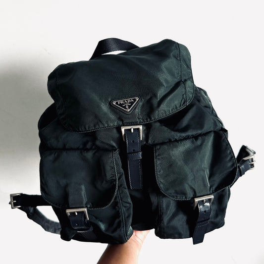 Prada Malachite Jade Dark Green Classic Nylon & Leather Logo Backpack Drawstring Bag