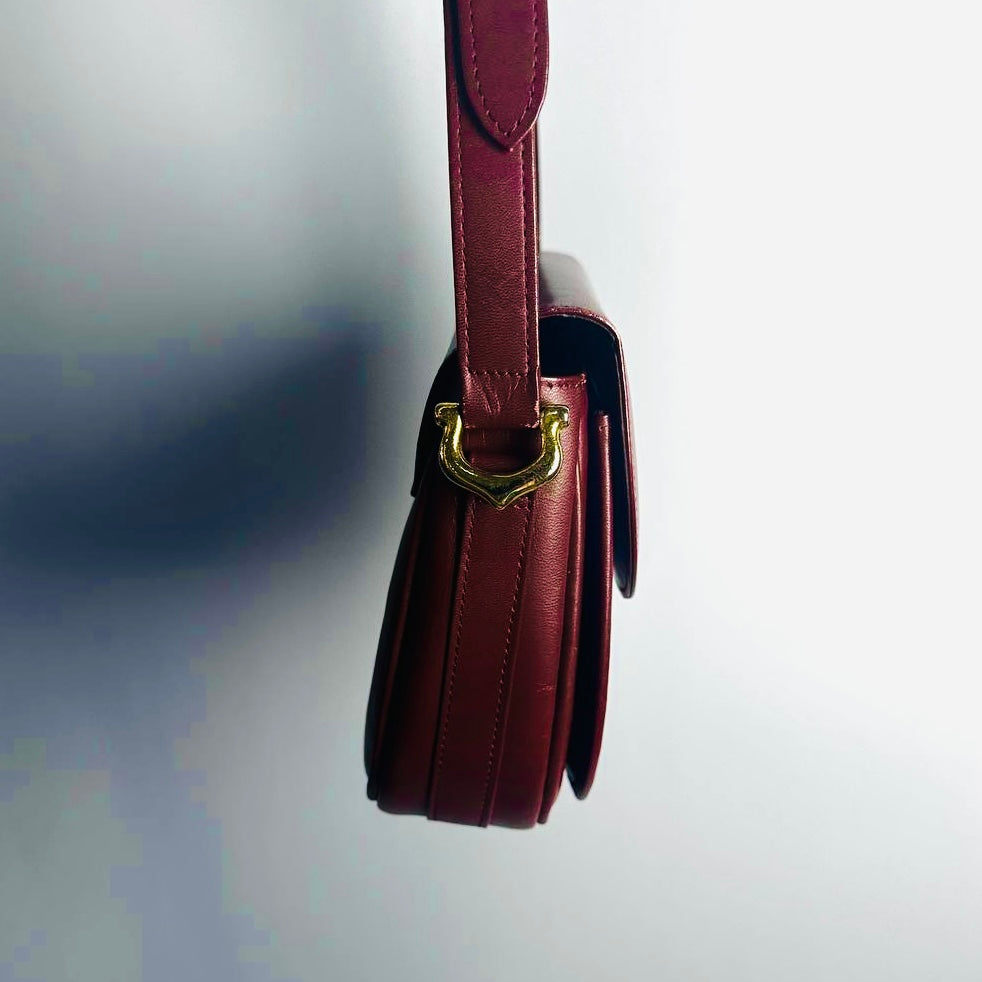 Cartier Must / Mast de Cartier Burgundy Red Maroon GHW Smooth Leather Flap Shoulder Sling Bag