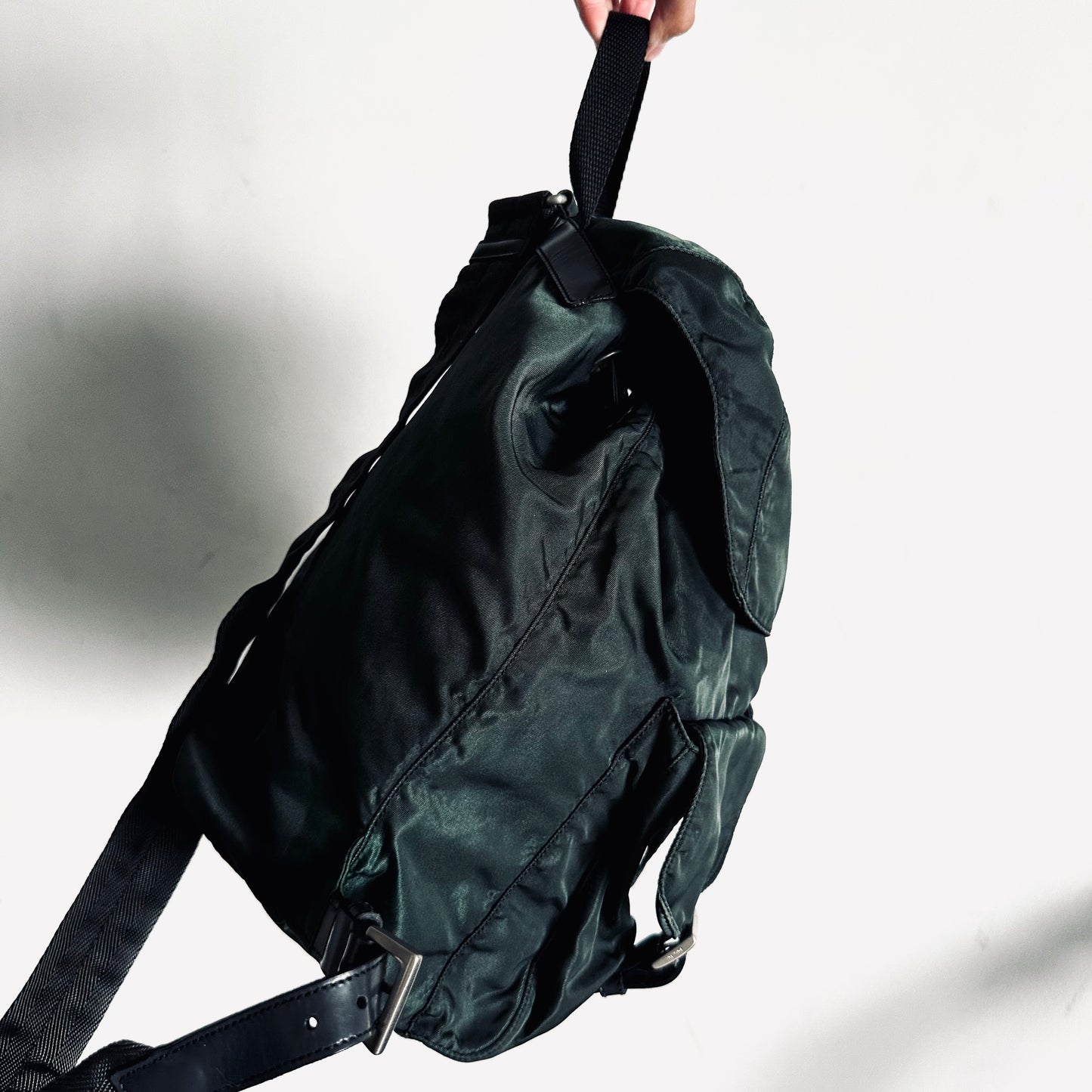 Prada Malachite Jade Dark Green Classic Nylon & Leather Logo Backpack Drawstring Bag