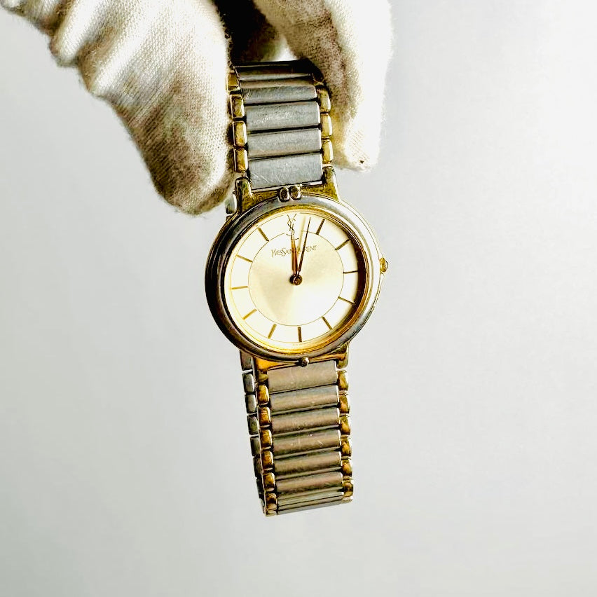 YSL Yves Saint Laurent Gold & Stainless Steel Round Dial Monogram Logo 26MM Quartz Watch