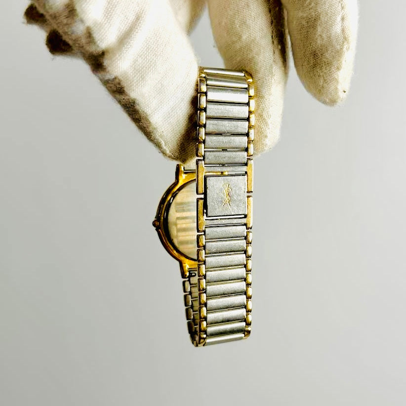 YSL Yves Saint Laurent Gold & Stainless Steel Round Dial Monogram Logo 26MM Quartz Watch