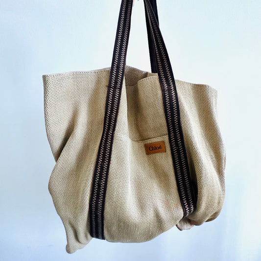 Chloe Woody Beige / Brown Monogram Logo Shopper Tote Bag