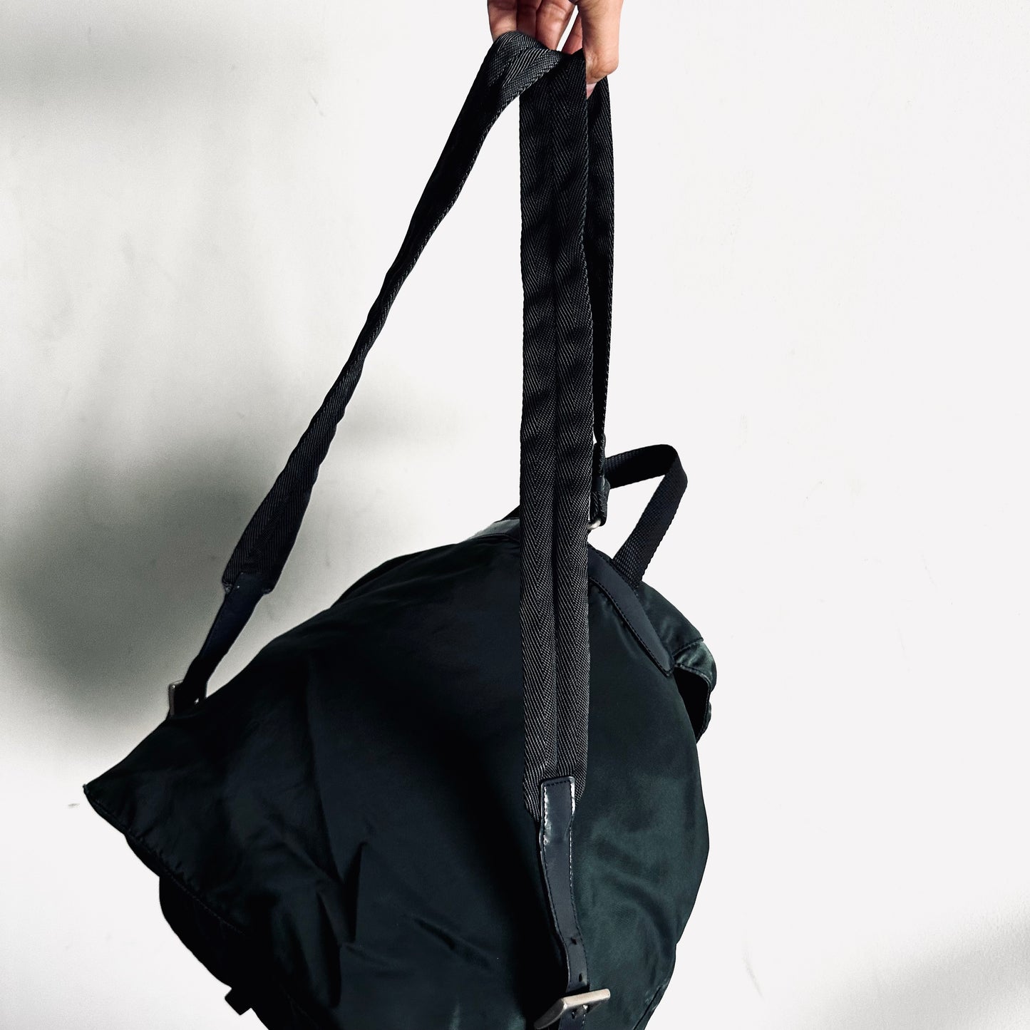 Prada Malachite Jade Dark Green Classic Nylon & Leather Logo Backpack Drawstring Bag