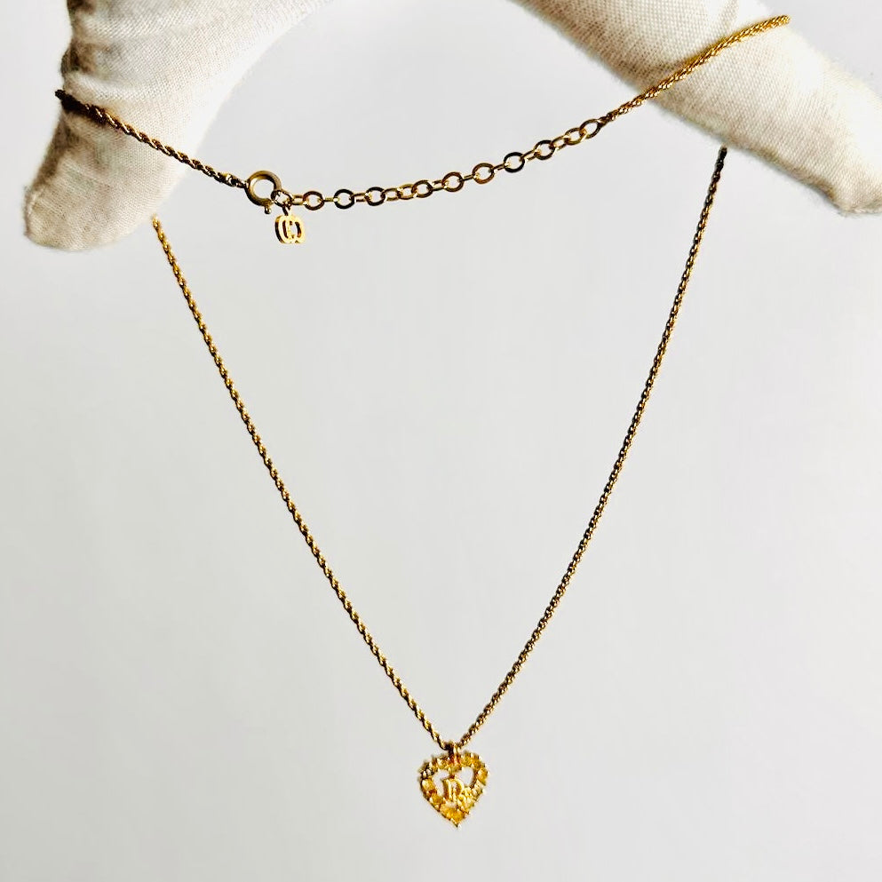 Christian Dior CD Monogram Logo Heart Gold & Crystals Vintage Necklace