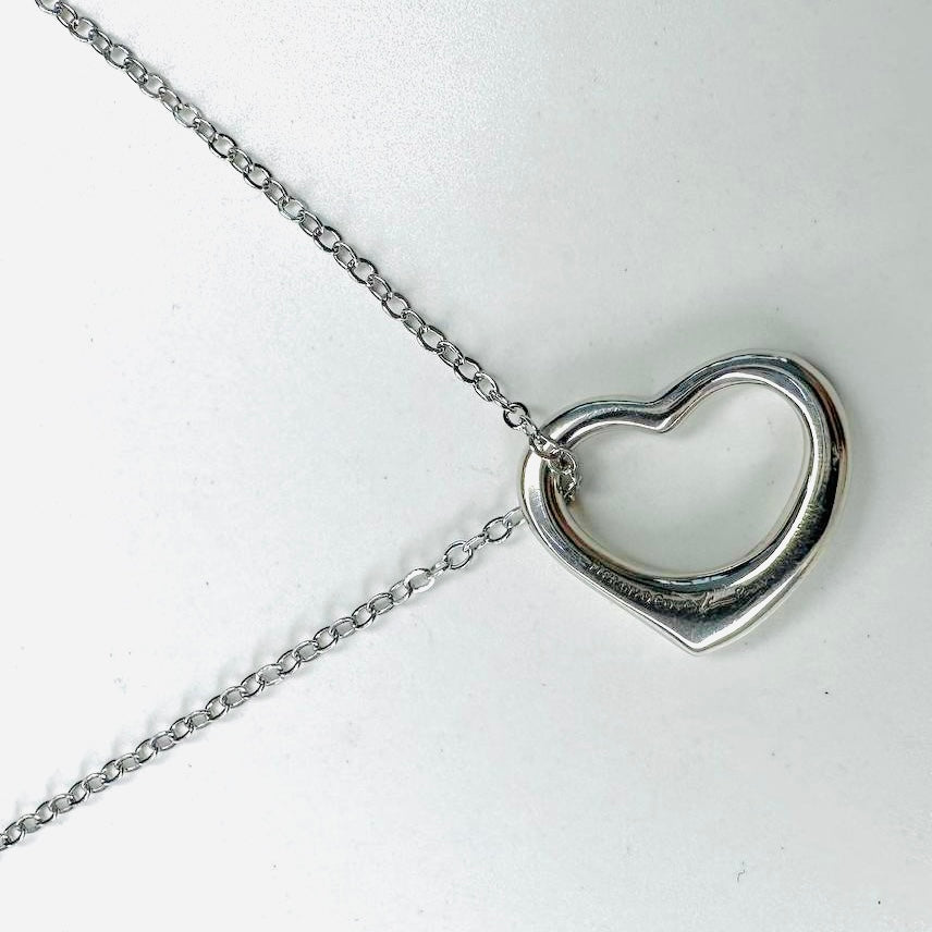 Tiffany & Co T&C Elsa Perreti Small Open Heart Pendant 925 Sterling Silver Chain Necklace