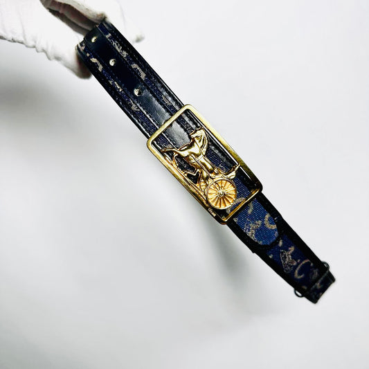 Celine Blue GHW Giant Carriage Monogram Logo 35MM Smooth Leather & Fabric Iconic Belt