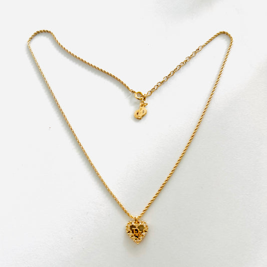Christian Dior CD Monogram Logo Signature Gold Classic Heart & Crystals Necklace