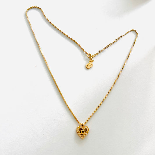 Christian Dior CD Monogram Logo Signature Gold Classic Heart & Crystals Necklace