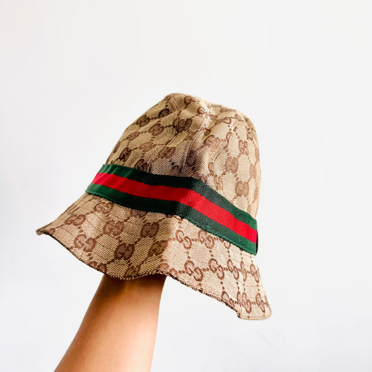 Gucci Beige GG Monogram Logo Web Striped Bucket Hat