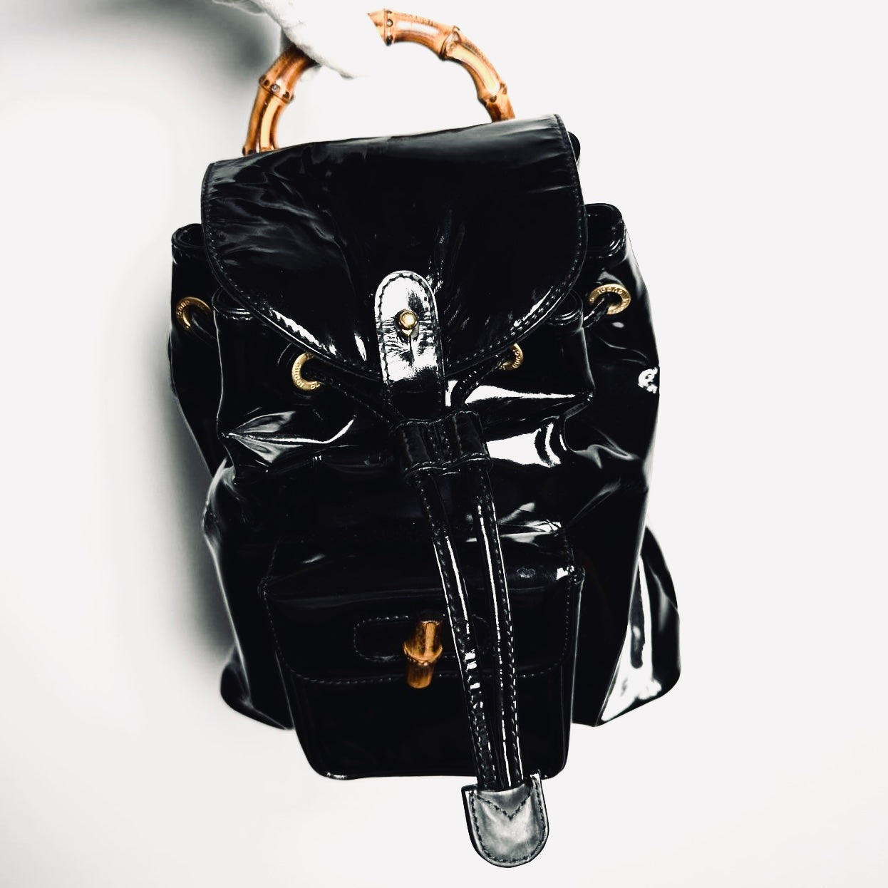 Gucci Black GHW Bamboo Handle Patent Leather Monogram Logo Small Flap Backpack Bag
