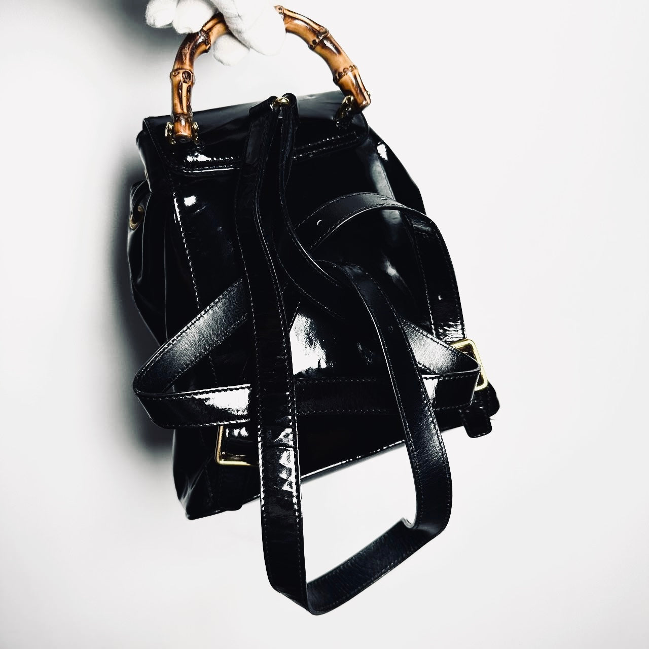 Gucci Black GHW Bamboo Handle Patent Leather Monogram Logo Small Flap Backpack Bag