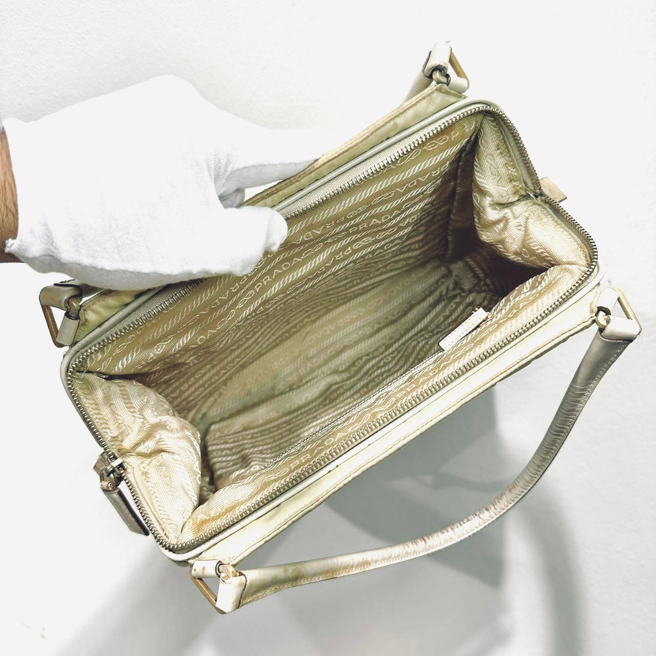Prada Off White Cream Tessuto Chic Monogram Logo Nylon Shopper Shoulder Tote Bag