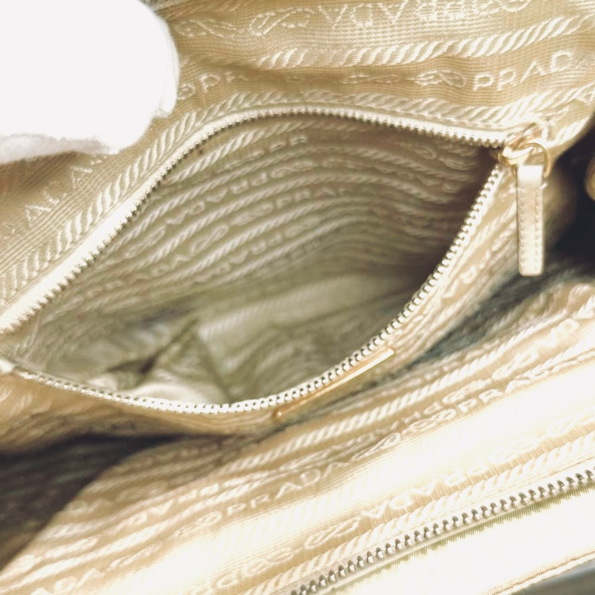 Prada Off White Cream Tessuto Chic Monogram Logo Nylon Shopper Shoulder Tote Bag