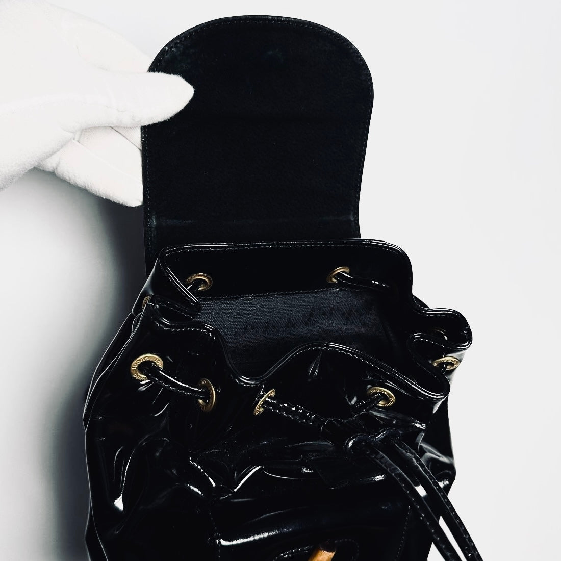 Gucci Black GHW Bamboo Handle Patent Leather Monogram Logo Small Flap Backpack Bag