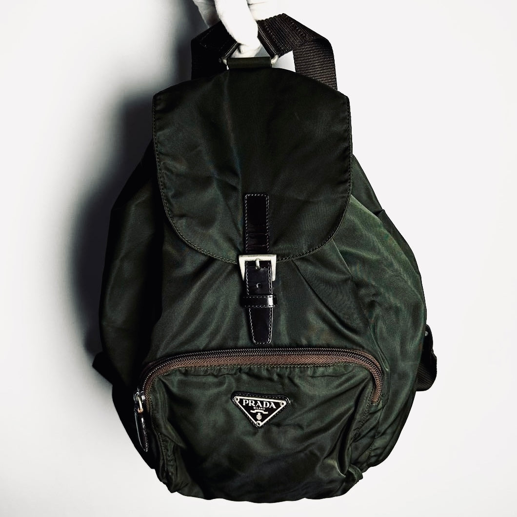 Prada Ebano Khaki Monogram Logo Vela Classic Nylon & Leather Drawstring Backpack Bag