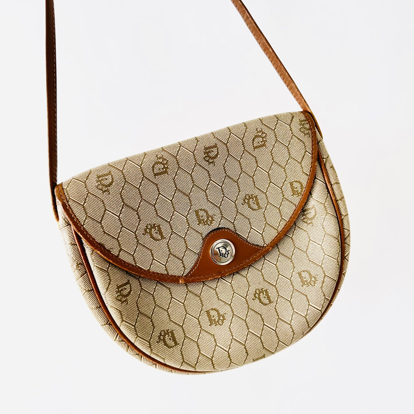 Christian Dior CD Beige Honeycomb Oblique Monogram Logo Vintage Flap Shoulder Sling Bag