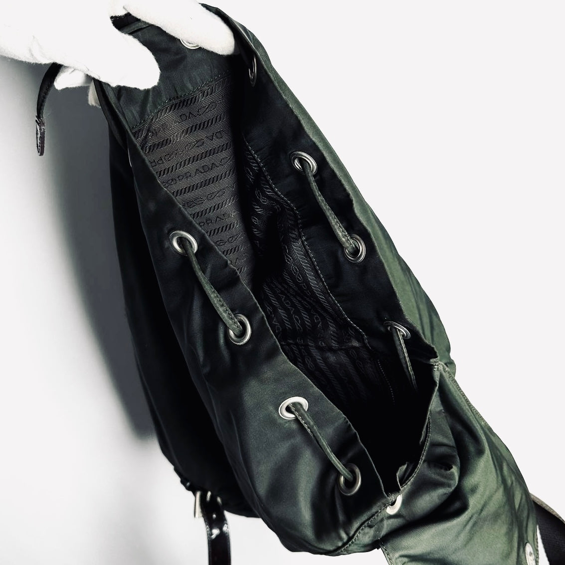 Prada Ebano Khaki Monogram Logo Vela Classic Nylon & Leather Drawstring Backpack Bag