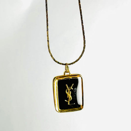 YSL Yves Saint Laurent Gold Monogram Logo Tablet Pendant Necklace