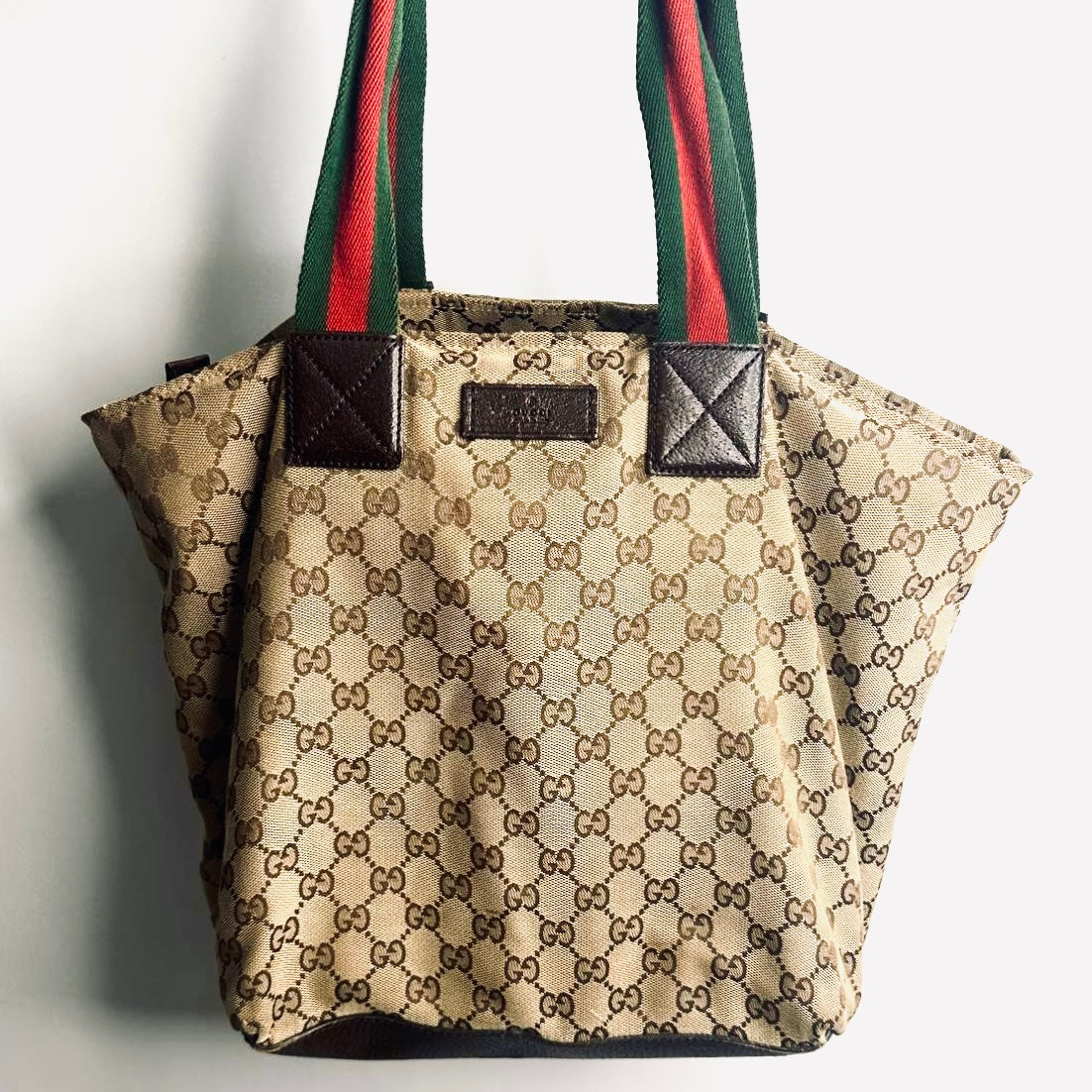 Gucci Beige GHW GG Monogram Logo Sherry Web Striped Shopper Shoulder Bucket Tote Bag