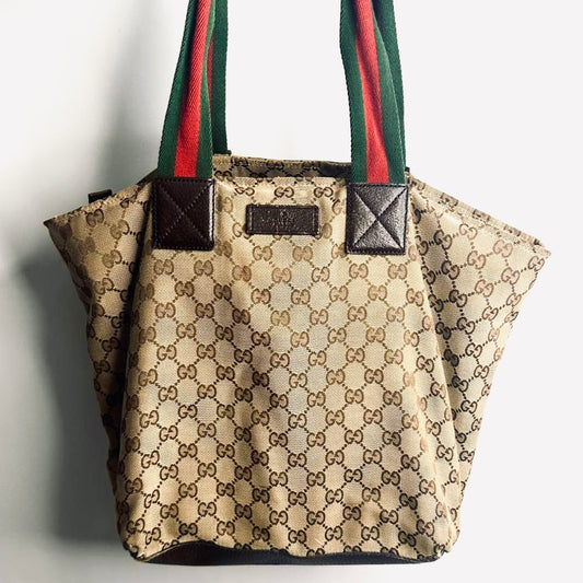 Gucci Beige GHW GG Monogram Logo Sherry Web Striped Shopper Shoulder Bucket Tote Bag