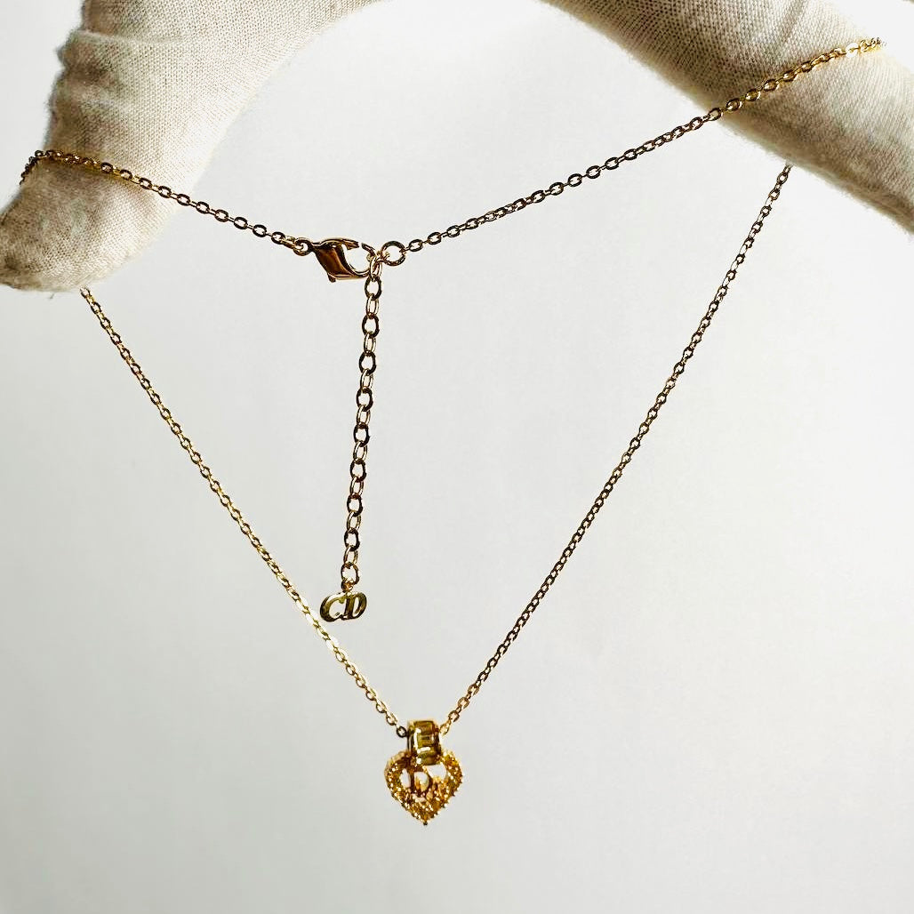 Christian Dior CD Monogram Logo Heart Gold & Crystals Chain Vintage Classic Necklace