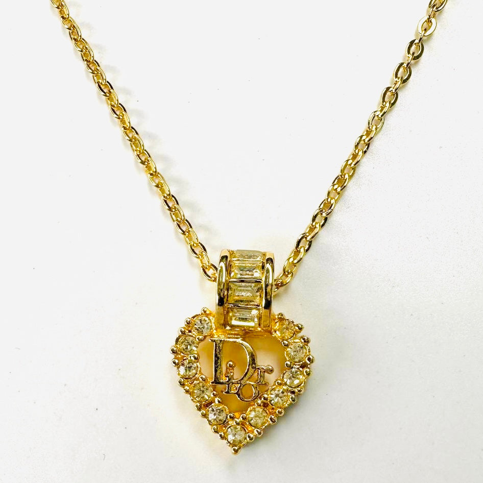 Christian Dior CD Monogram Logo Heart Gold & Crystals Chain Vintage Classic Necklace