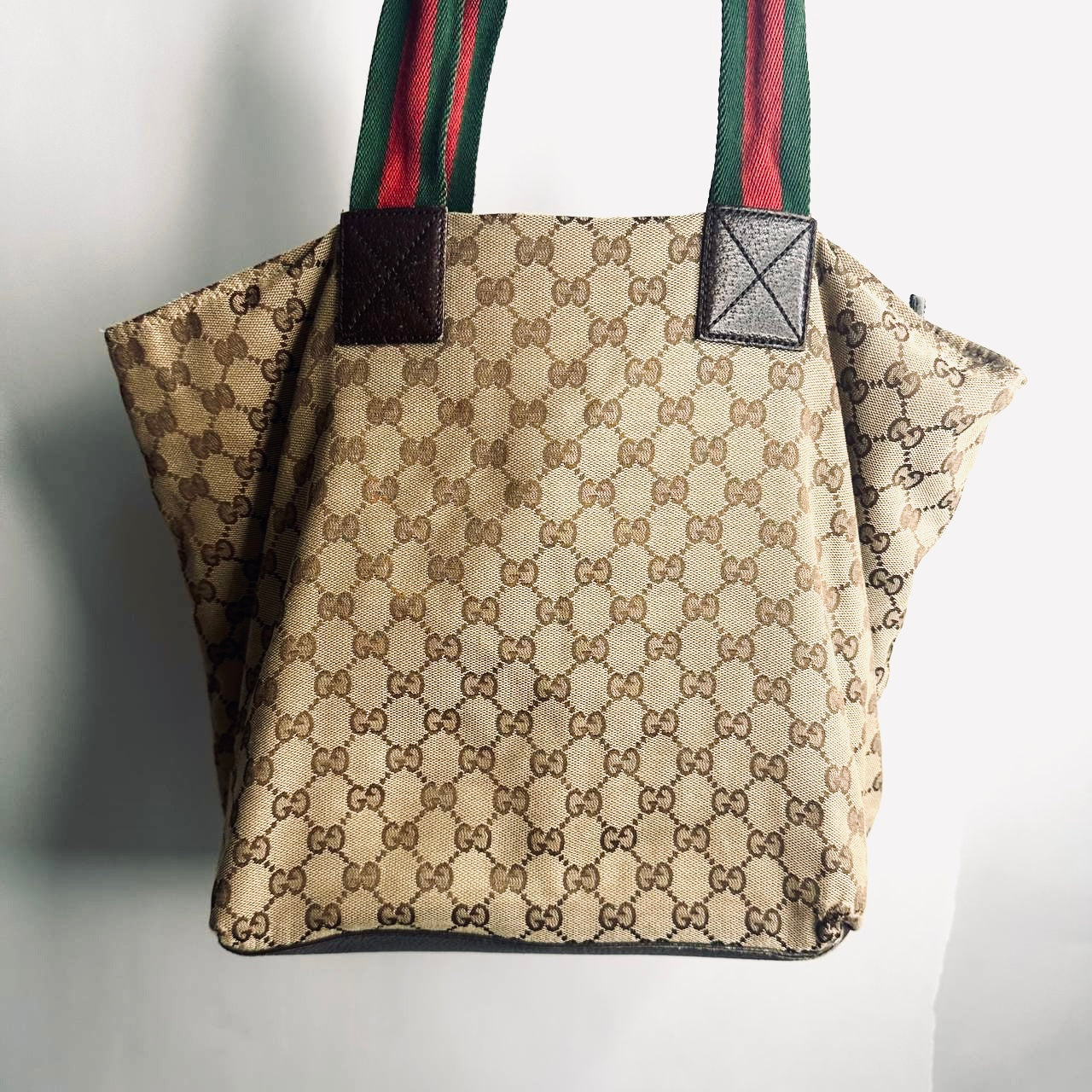 Gucci Beige GHW GG Monogram Logo Sherry Web Striped Shopper Shoulder Bucket Tote Bag