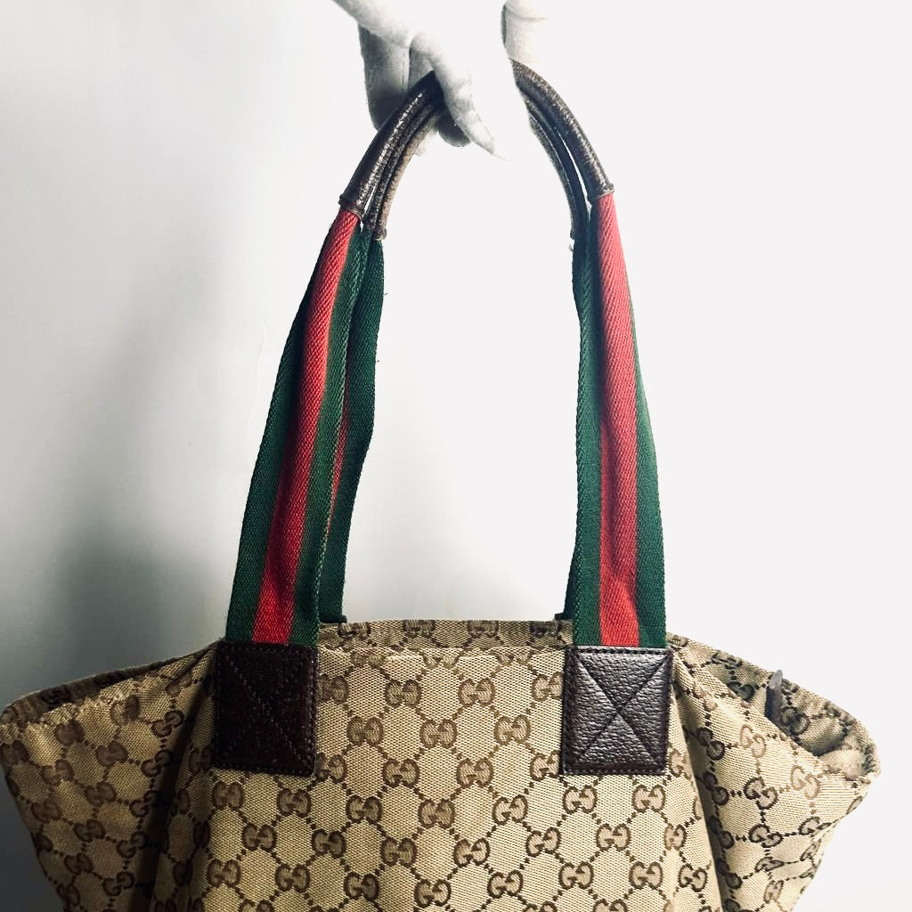 Gucci Beige GHW GG Monogram Logo Sherry Web Striped Shopper Shoulder Bucket Tote Bag