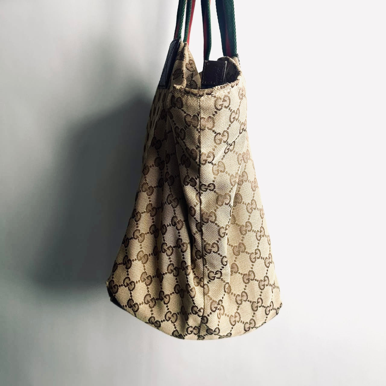 Gucci Beige GHW GG Monogram Logo Sherry Web Striped Shopper Shoulder Bucket Tote Bag