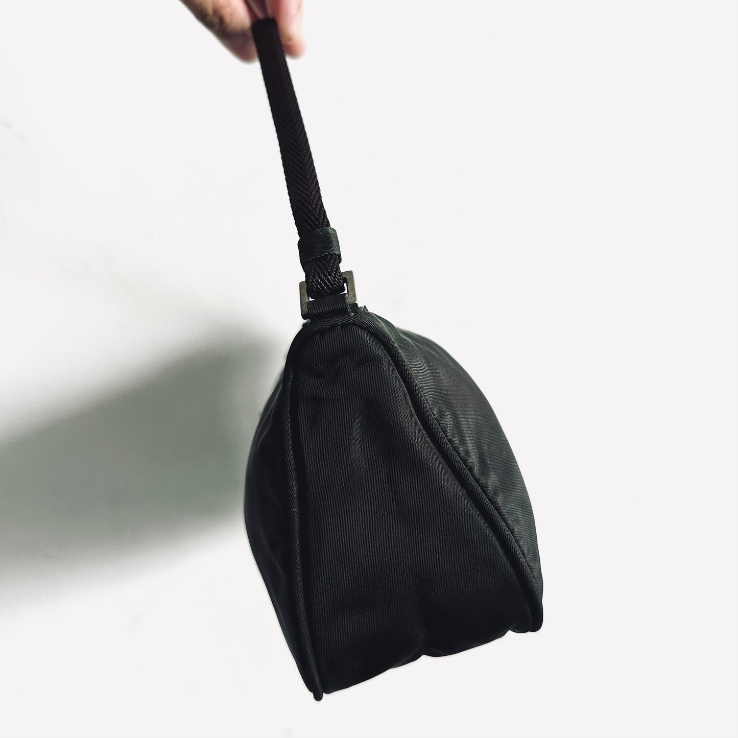 Prada Dark Khaki Tessuto Monogram Logo Nylon Hobo Baguette Pochette Shoulder Bag
