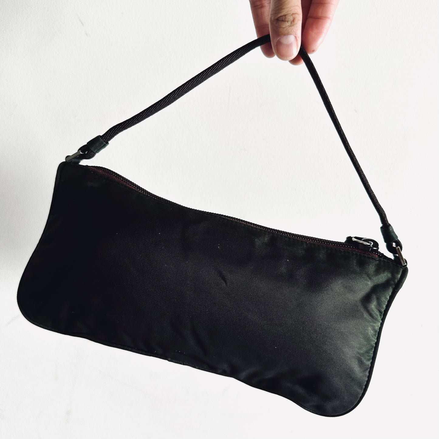 Prada Dark Khaki Tessuto Monogram Logo Nylon Hobo Baguette Pochette Shoulder Bag