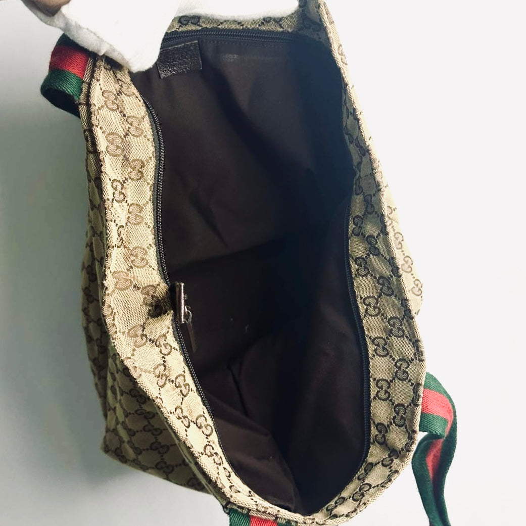 Gucci Beige GHW GG Monogram Logo Sherry Web Striped Shopper Shoulder Bucket Tote Bag